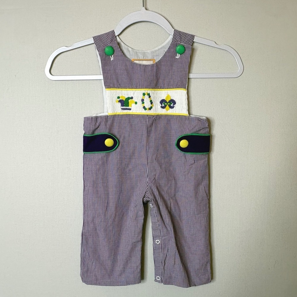 Babeeni Hand Smocked Mardi Gras Purple Gingham Jon Jon Longall Romper 12M